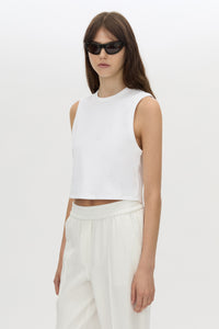 Cropped view CAMILLA AND MARC Alba Crop Rib Tank in soft white with bound low armholes and neckline.