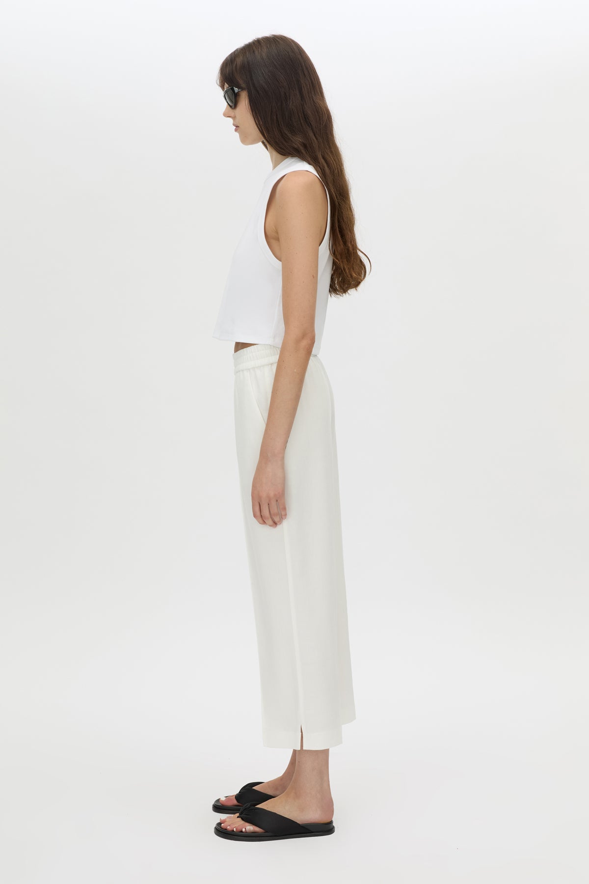 Side view CAMILLA AND MARC Alba Crop Rib Tank in soft white with bound low armholes and neckline.