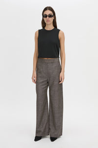 Front-styled view CAMILLA AND MARC Alba Crop Rib Tank in black with bound low armholes and neckline.