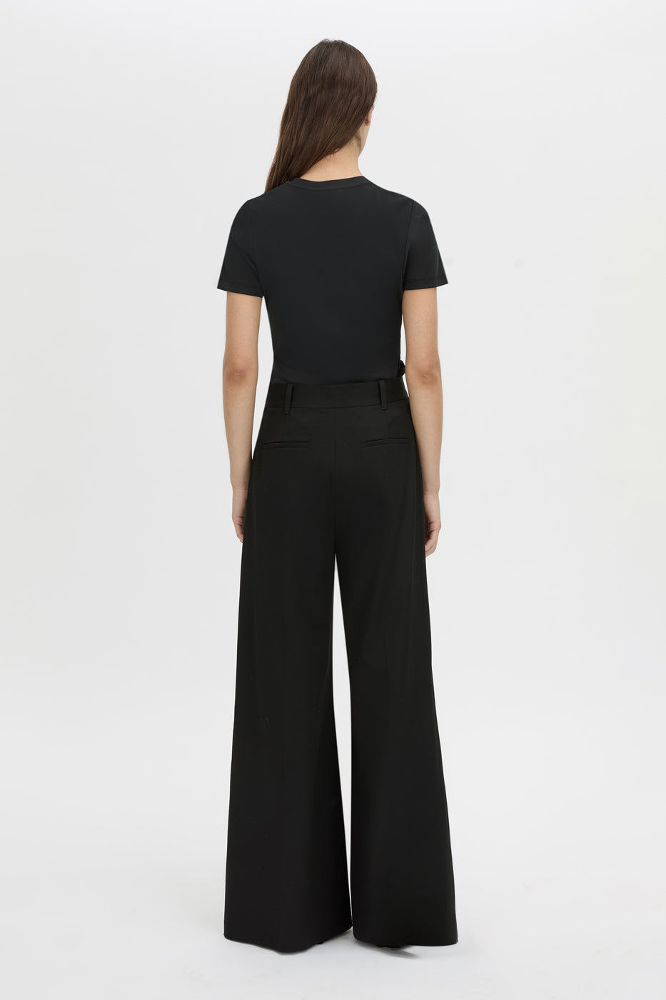 Back view CAMILLA AND MARC Alba cotton rib fitted tee in black with self-rib bind at the neck, narrow twin needle finish, designed to fade.