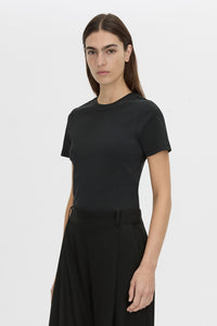 crop view CAMILLA AND MARC Alba cotton rib fitted tee in black with self-rib bind at the neck, narrow twin needle finish, designed to fade.