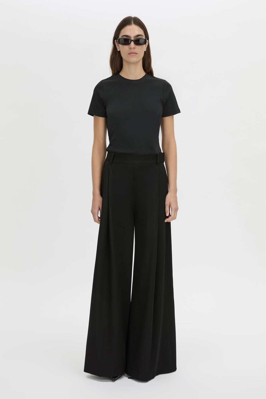 Front view CAMILLA AND MARC Alba cotton rib fitted tee in black with self-rib bind at the neck, narrow twin needle finish, designed to fade.