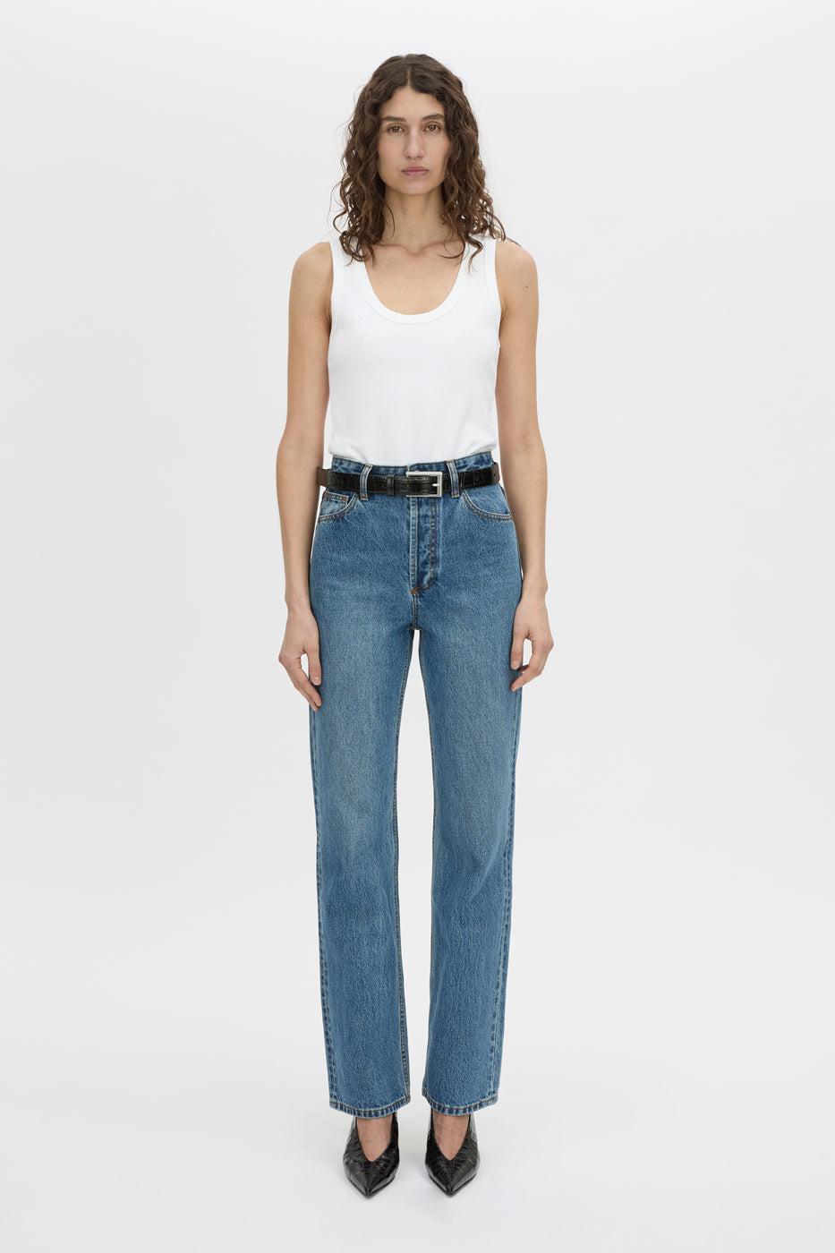 Front view CAMILLA AND MARC Alba rib scoop cotton tank in soft white with acid-wash rib cotton, designed to fade.