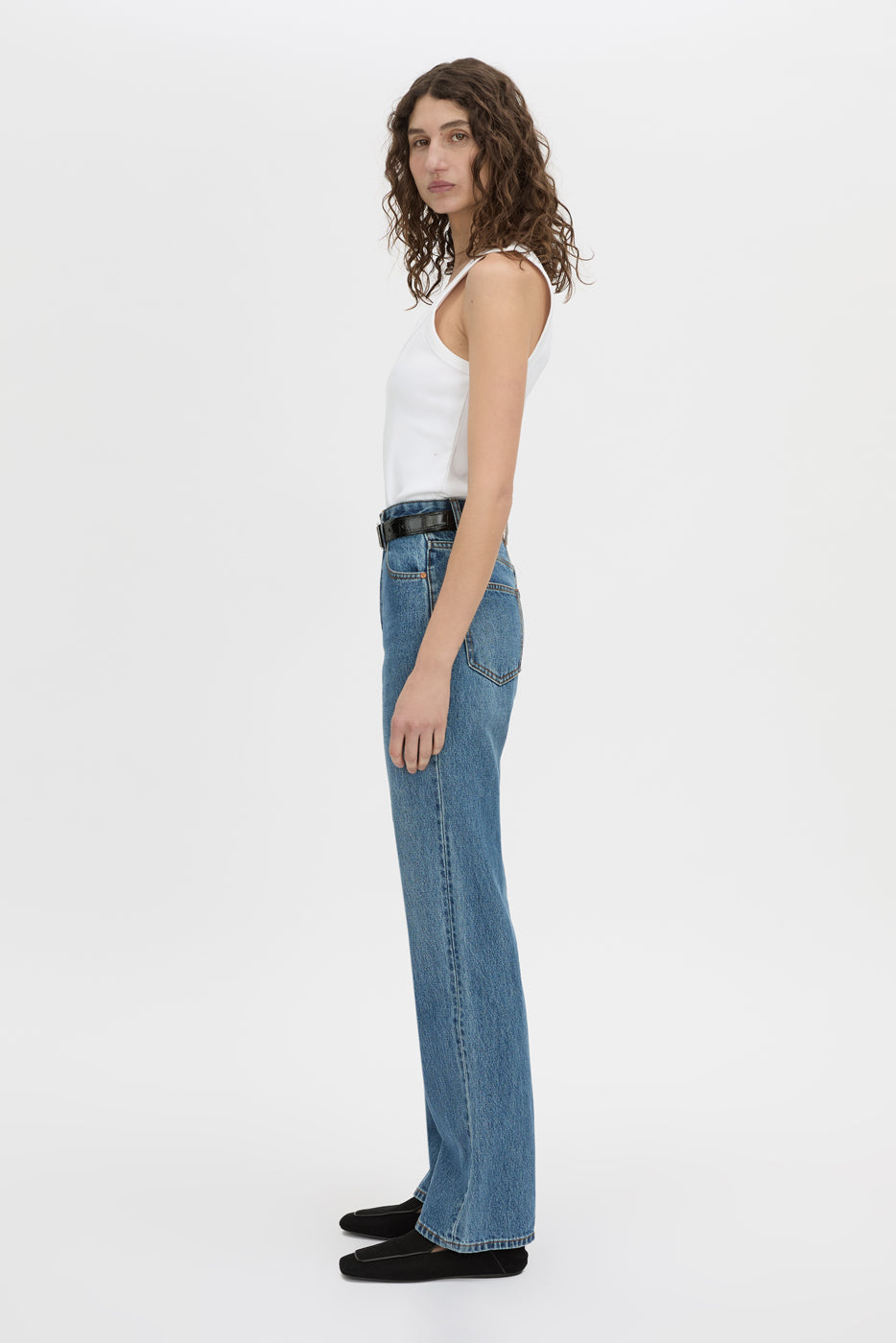Side view CAMILLA AND MARC Alba rib scoop cotton tank in soft white with acid-wash rib cotton, designed to fade.
