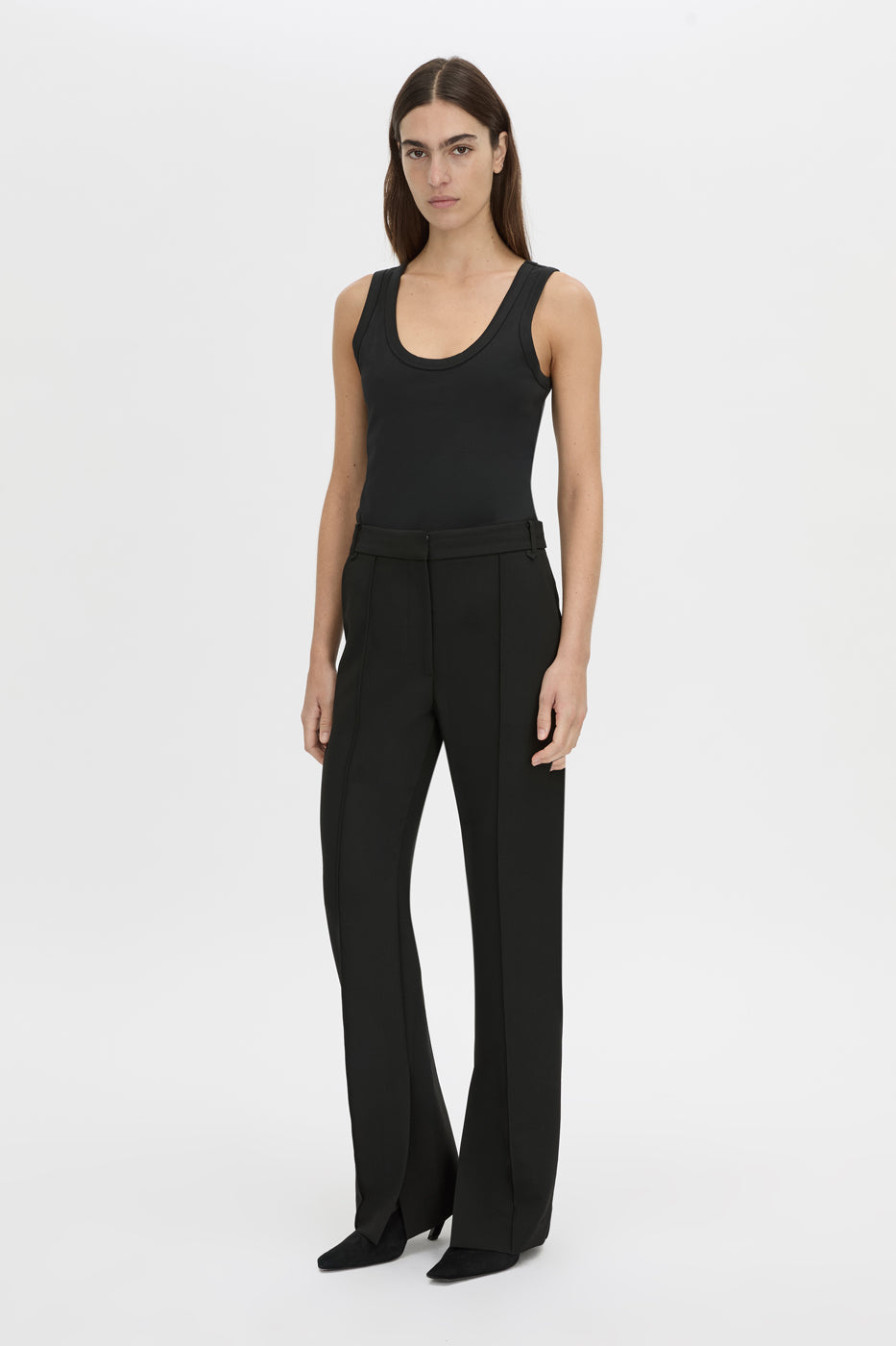 Front-styled view CAMILLA AND MARC Alba rib scoop cotton tank in black with acid-wash rib cotton, designed to fade.