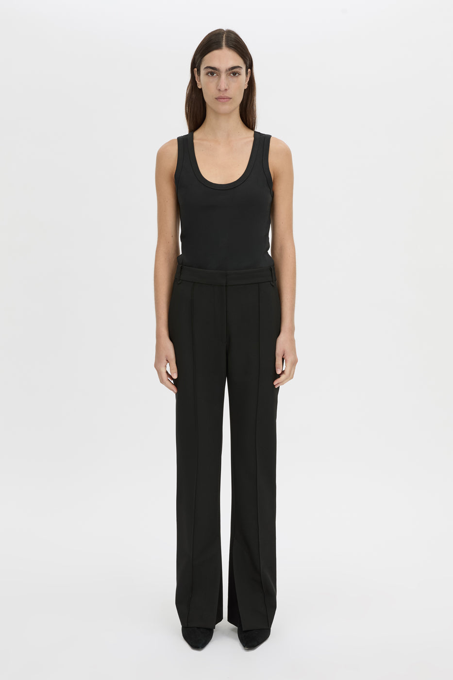Front view CAMILLA AND MARC Alba rib scoop cotton tank in black with acid-wash rib cotton, designed to fade.