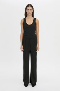 Front view CAMILLA AND MARC Alba rib scoop cotton tank in black with acid-wash rib cotton, designed to fade.