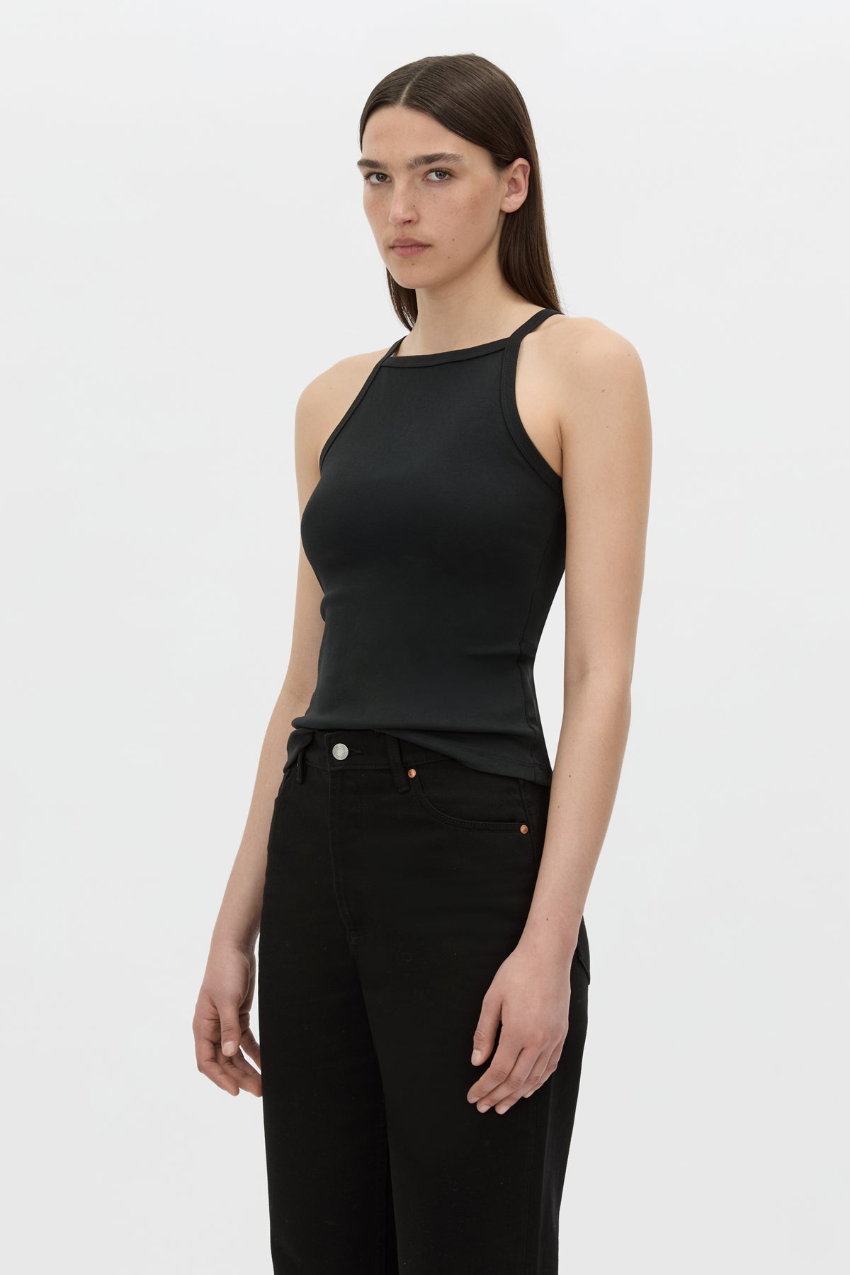 Cropped view CAMILLA AND MARC Alba high neck rib cotton blend fitted tank in black with spaghetti straps and rib binding at edges.