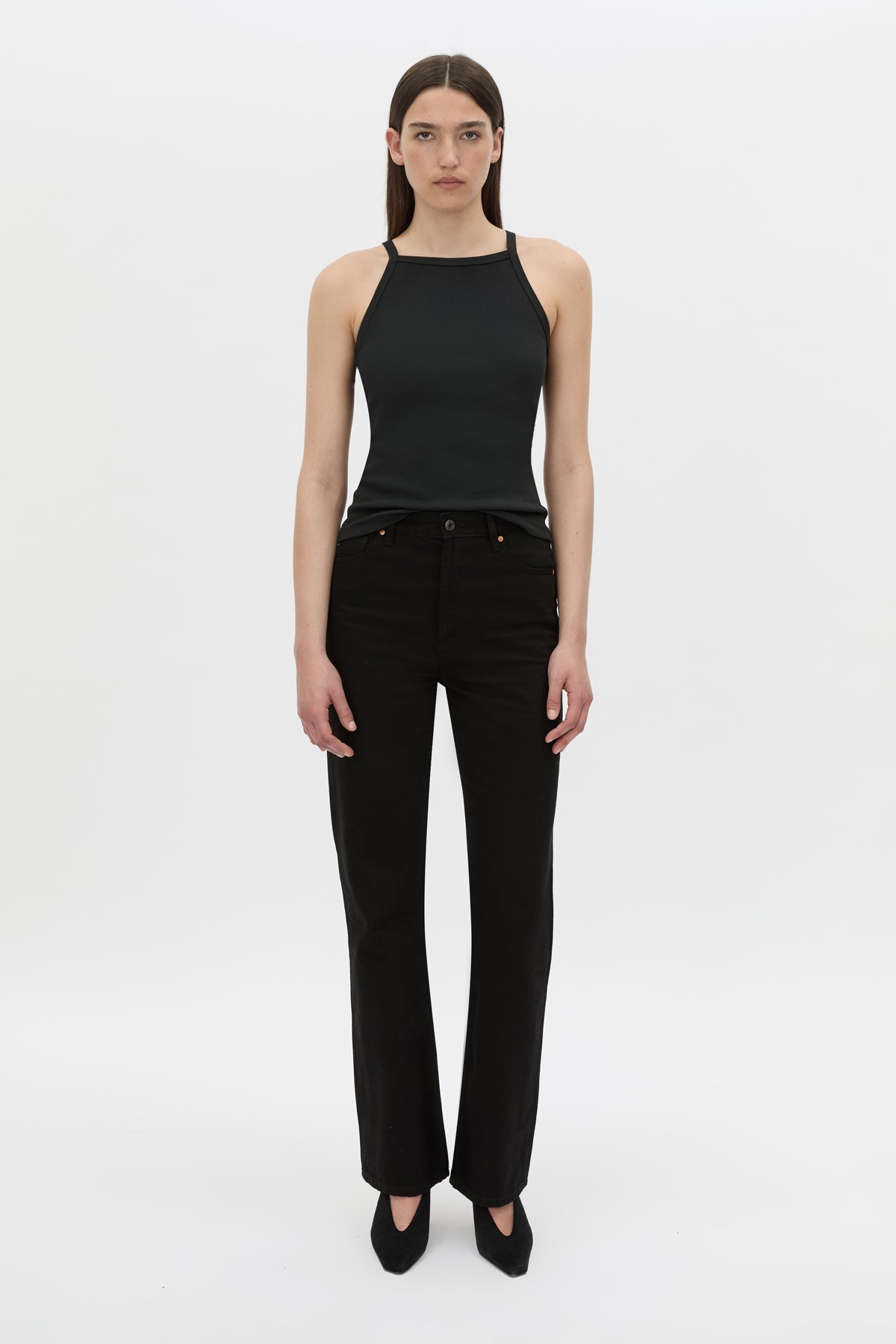Front view CAMILLA AND MARC Alba high neck rib cotton blend fitted tank in black with spaghetti straps and rib binding at edges.