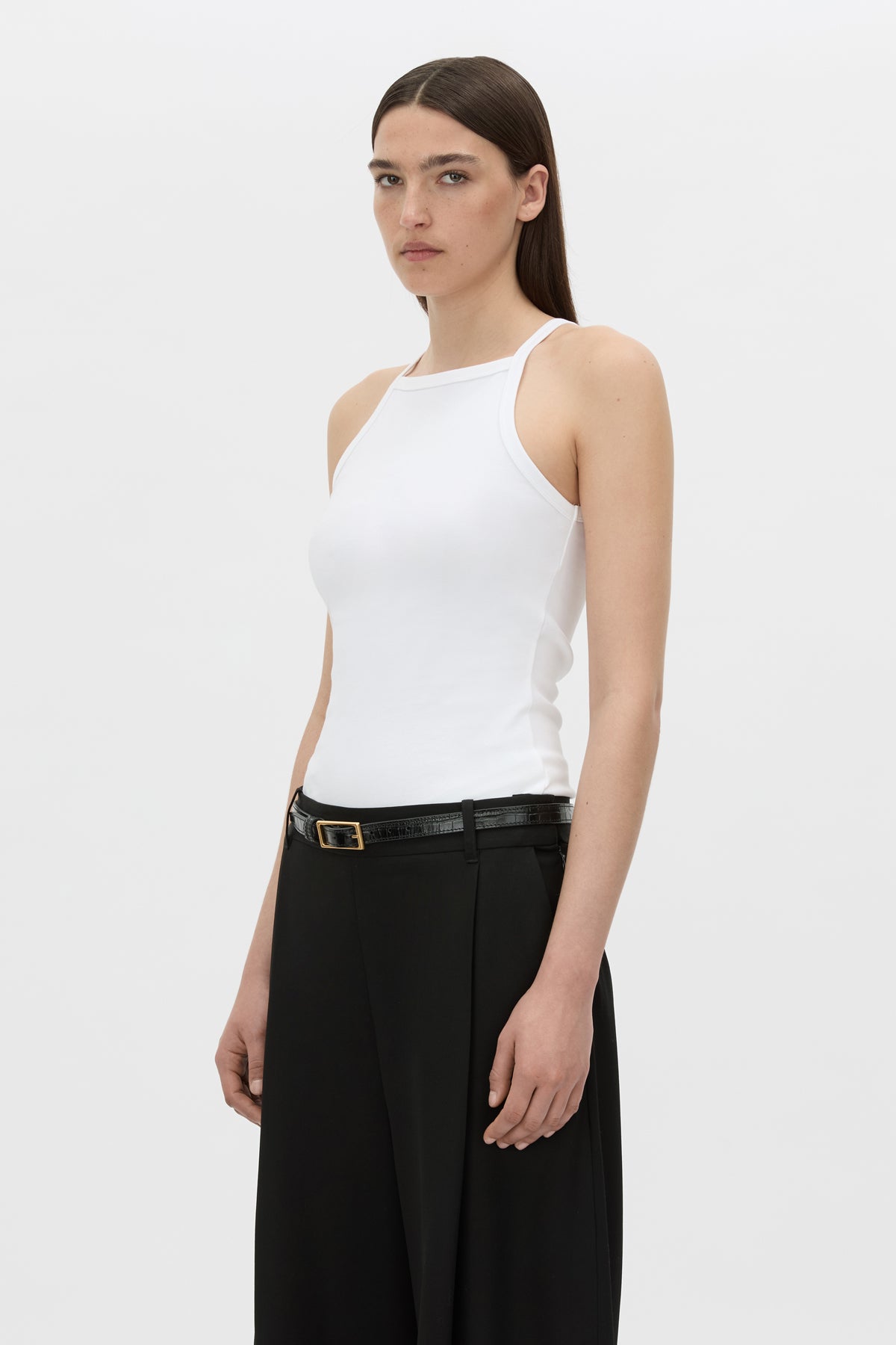 Cropped view CAMILLA AND MARC Alba high neck rib cotton blend fitted tank in white with spaghetti straps and rib binding at edges.