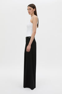 Side view CAMILLA AND MARC Alba high neck rib cotton blend fitted tank in white with spaghetti straps and rib binding at edges.