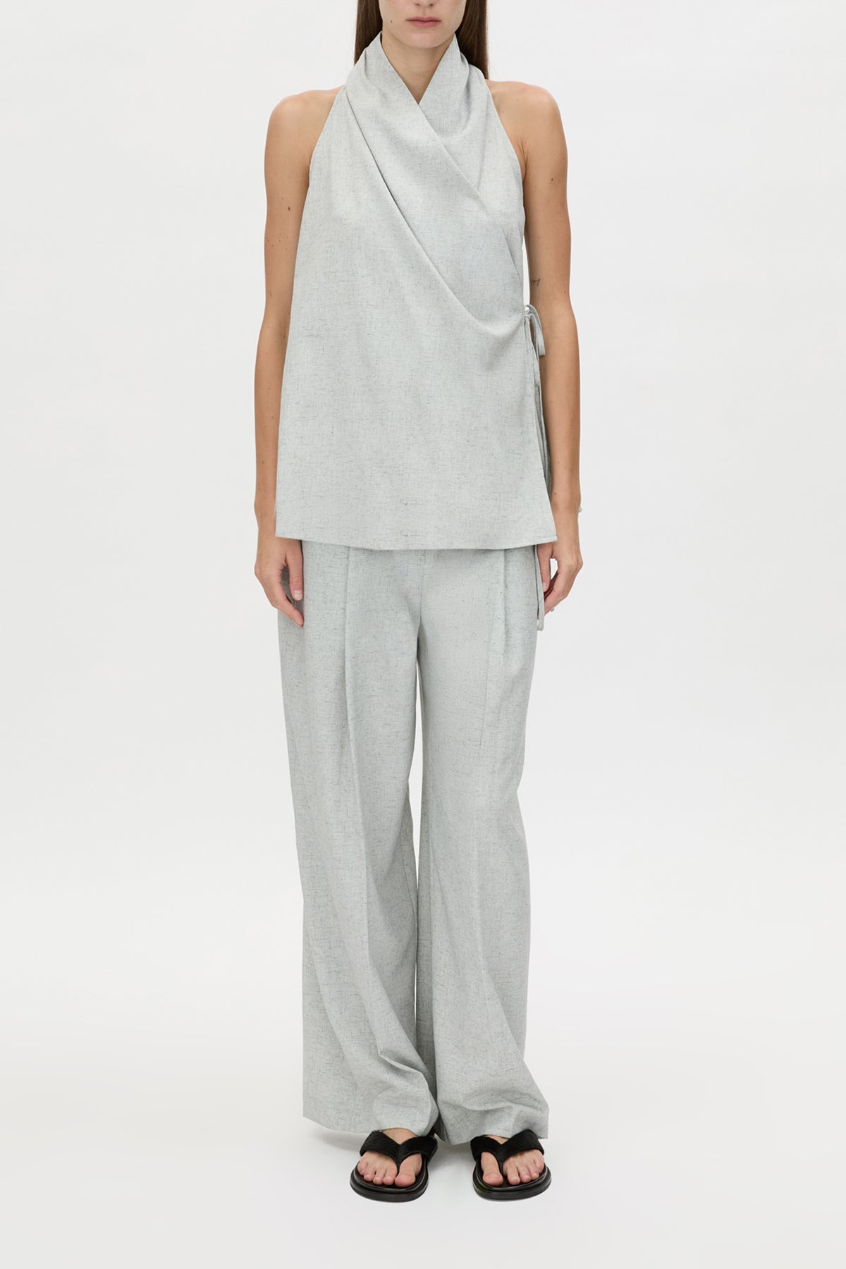 Alta Wrap Top - CAMILLA AND MARC Alta soft suiting wrap top in blue marle with a draped neckline and cutaway armhole