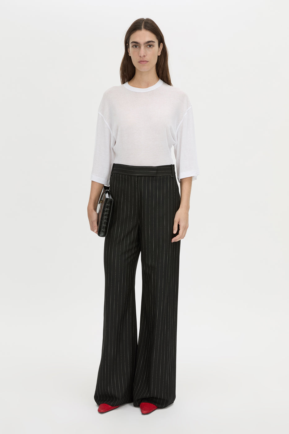 Front-styled view CAMILLA AND MARC wide-leg Alvar Relaxed Pant in black and white stripe with a low rise fit.