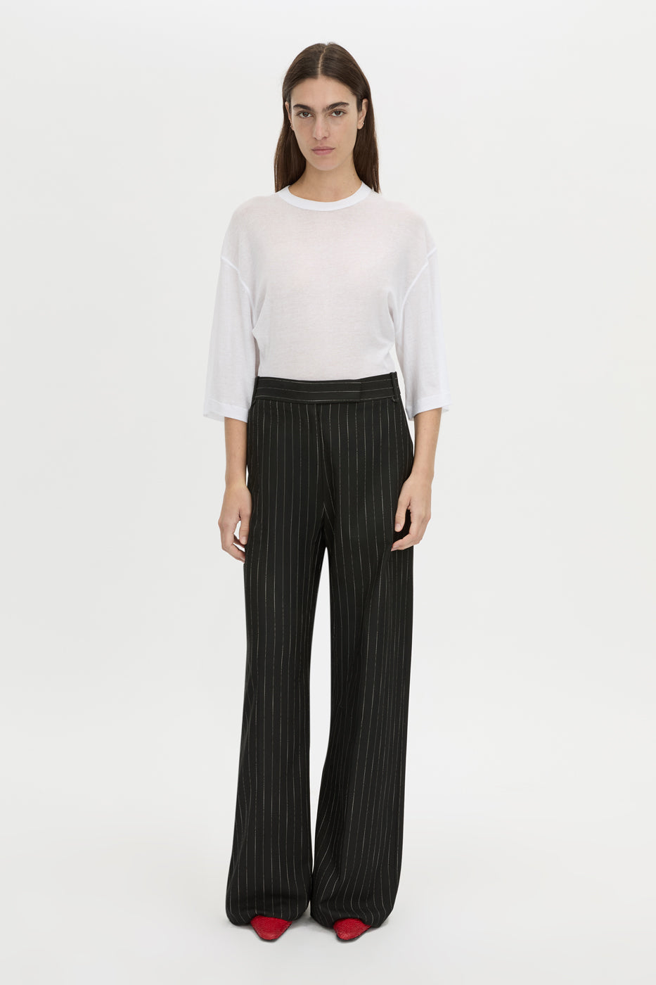 Front view CAMILLA AND MARC wide-leg Alvar Relaxed Pant in black and white stripe with a low rise fit.