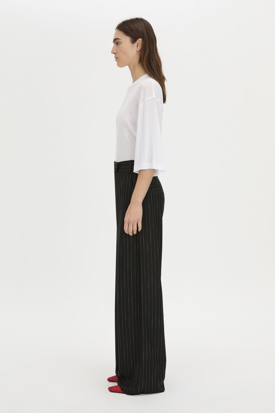 Side view CAMILLA AND MARC wide-leg Alvar Relaxed Pant in black and white stripe with a low rise fit.