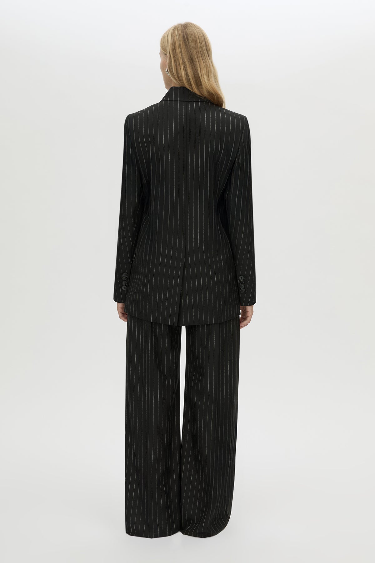 Back view CAMILLA AND MARC Alvar Double Breasted Blazer in black and white stripe.