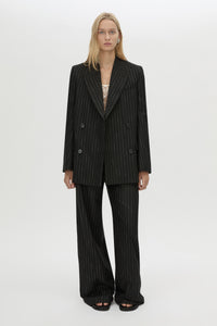 Front-styled view CAMILLA AND MARC Alvar Double Breasted Blazer in black and white stripe.
