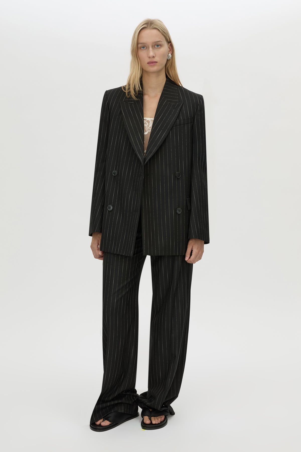 Front view CAMILLA AND MARC Alvar Double Breasted Blazer in black and white stripe.