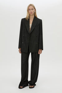 Front view CAMILLA AND MARC Alvar Double Breasted Blazer in black and white stripe.