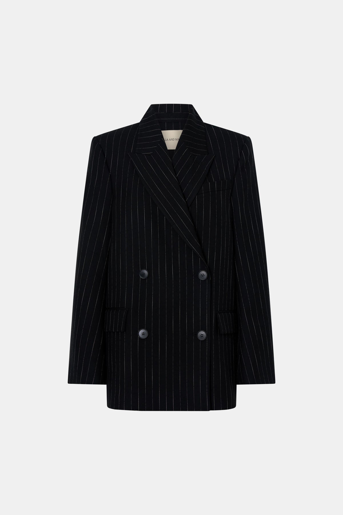 Ghost view CAMILLA AND MARC Alvar Double Breasted Blazer in black and white stripe.