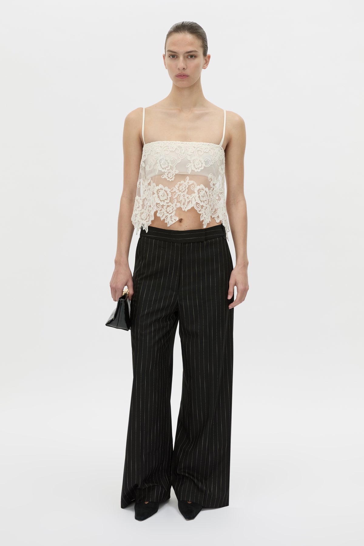 Front view CAMILLA AND MARC sheer Alvar Lace Cami in cream with adjustable elastic straps.