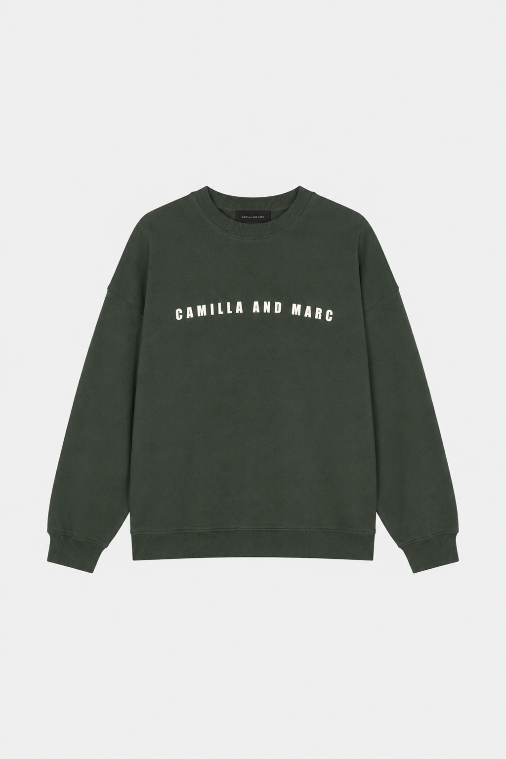 Ghost view CAMILLA AND MARC relaxed Anca Graphic Crew Sweater in dark green with logo print artwork.