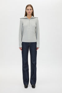 Front view CAMILLA AND MARC Anouk Knit Pullover in Grey Marle with quarter‑zip metal opening and cotton–merino blend.