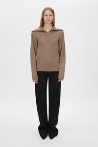Front view CAMILLA AND MARC Anouk Knit Pullover in Caramel with quarter‑zip metal opening and cotton–merino blend.