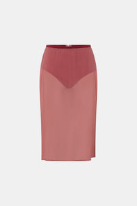 Ghost view CAMILLA AND MARC Arabella Midi Skirt in sheer dusty rose with detachable jersey brief and jersey mini skirt.