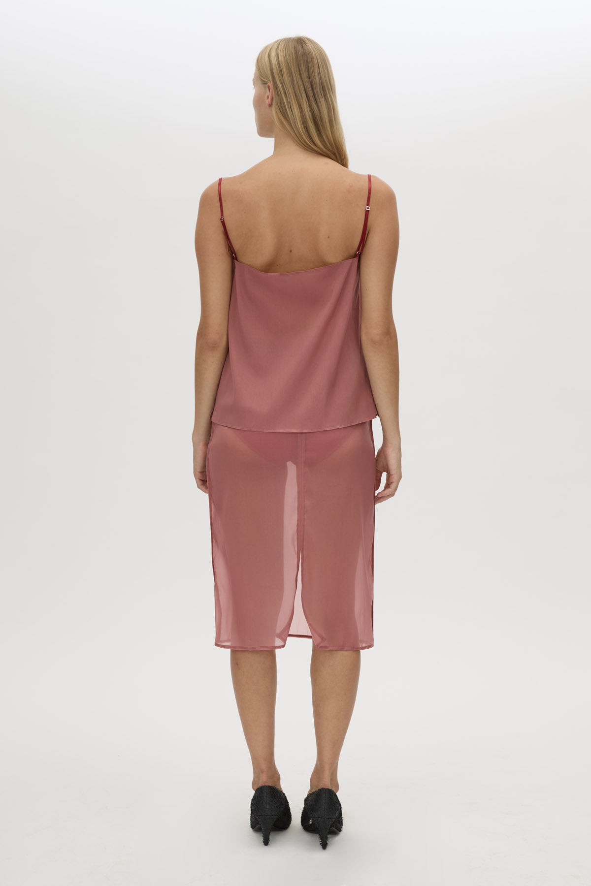 Back view CAMILLA AND MARC Arabella Midi Skirt in sheer dusty rose with detachable jersey brief and jersey mini skirt.