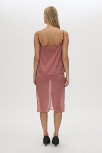 Back view CAMILLA AND MARC Arabella Midi Skirt in sheer dusty rose with detachable jersey brief and jersey mini skirt.