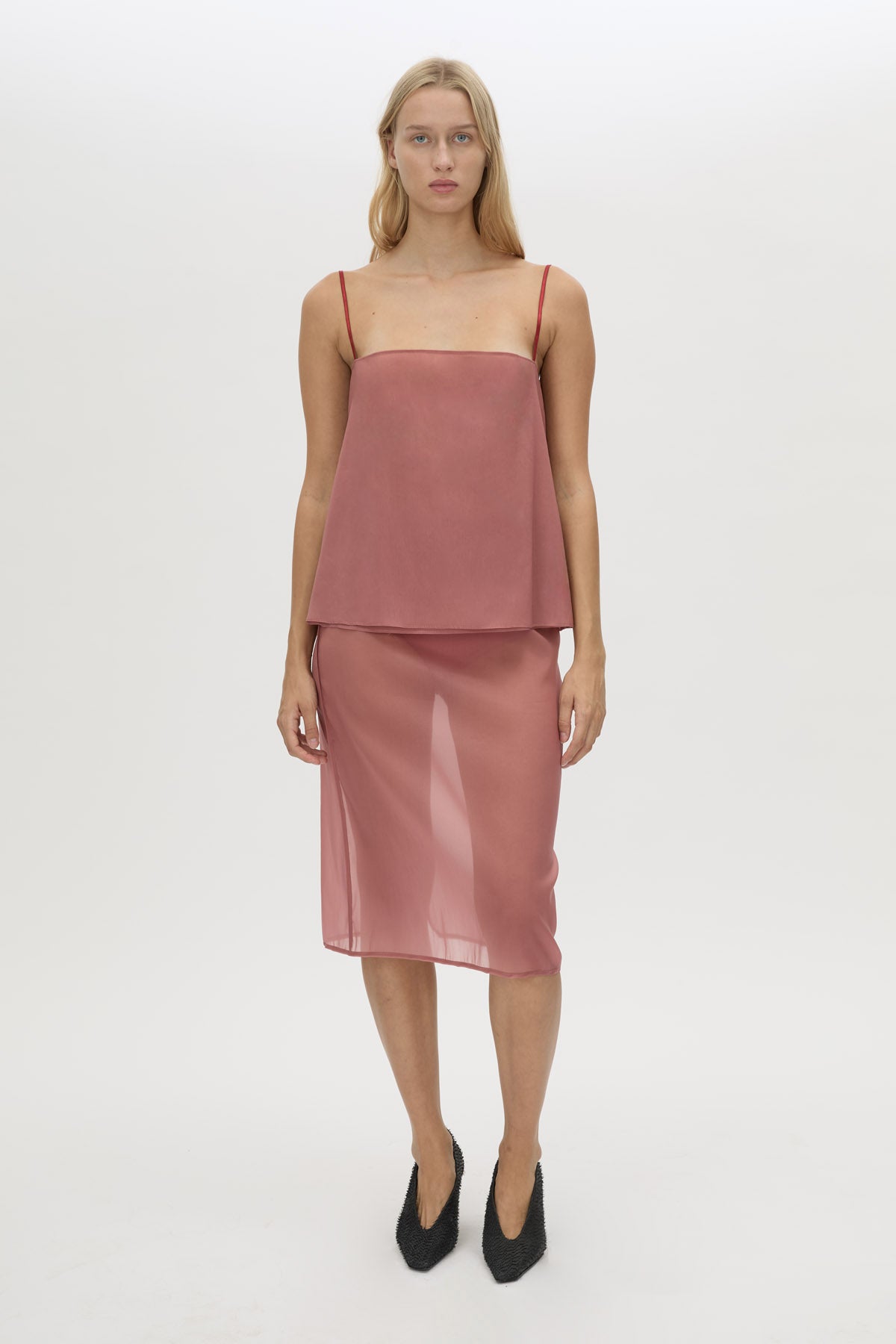 Front-styled view CAMILLA AND MARC Arabella Midi Skirt in sheer dusty rose with detachable jersey brief and jersey mini skirt.