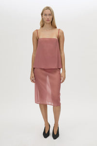 Front-styled view CAMILLA AND MARC Arabella Midi Skirt in sheer dusty rose with detachable jersey brief and jersey mini skirt.
