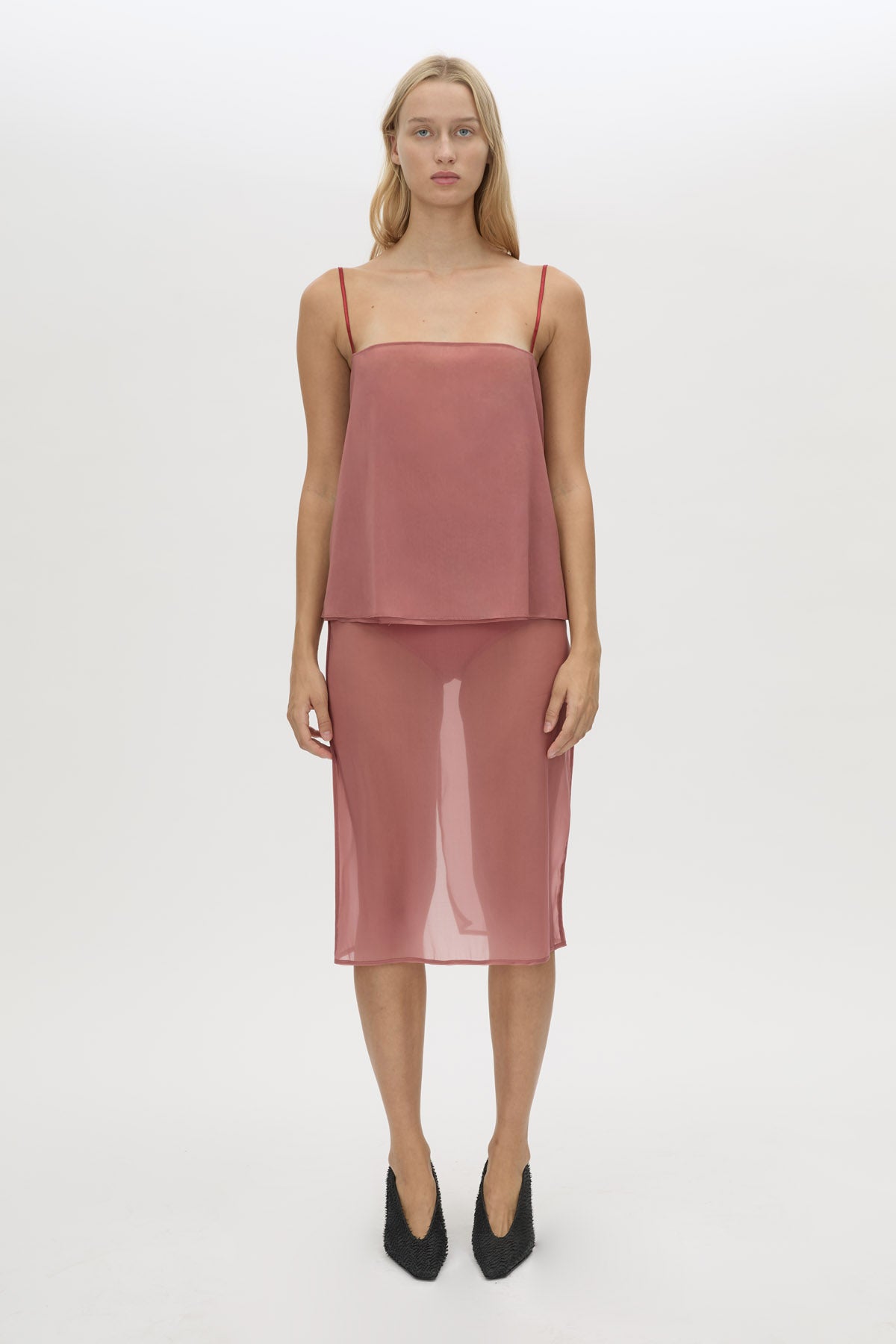 Front view CAMILLA AND MARC Arabella Midi Skirt in sheer dusty rose with detachable jersey brief and jersey mini skirt.