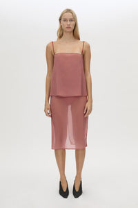 Front view CAMILLA AND MARC Arabella Midi Skirt in sheer dusty rose with detachable jersey brief and jersey mini skirt.