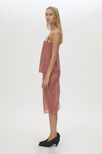 Side view CAMILLA AND MARC Arabella Midi Skirt in sheer dusty rose with detachable jersey brief and jersey mini skirt.