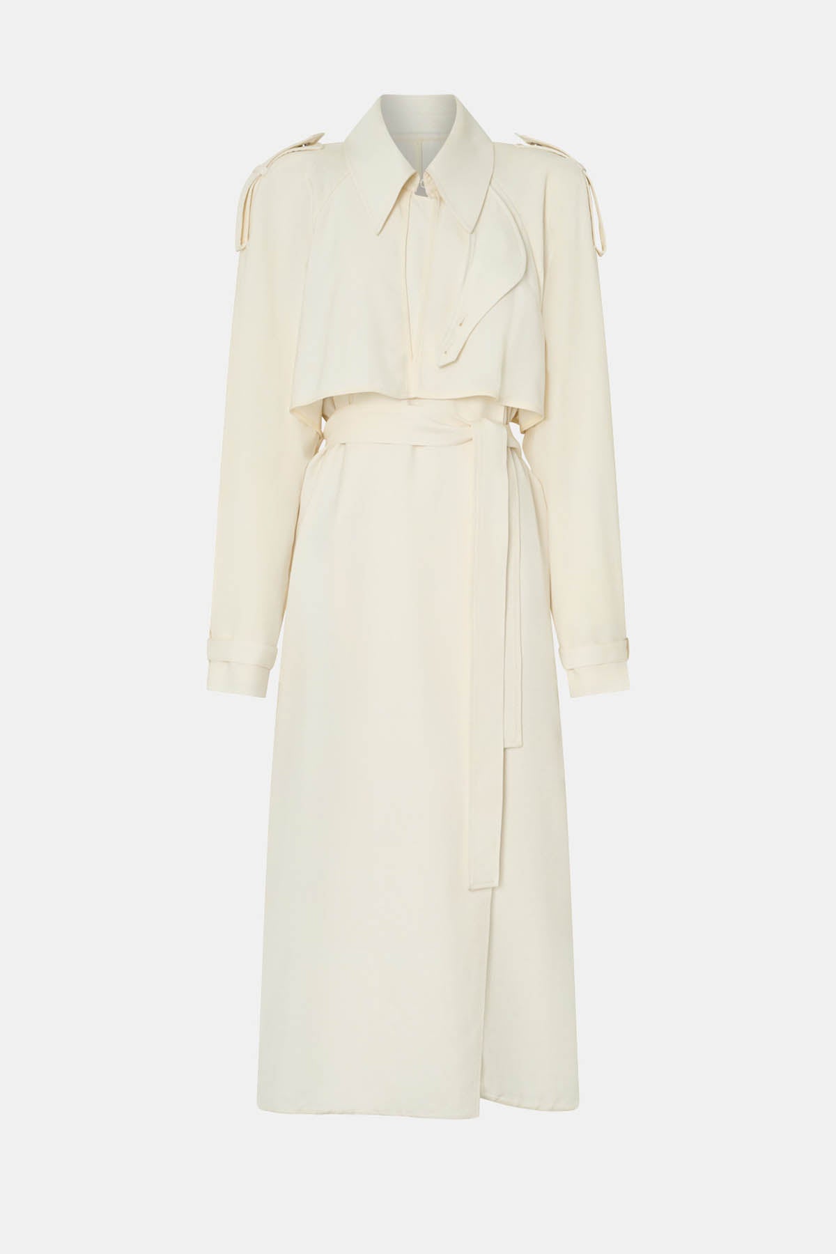 Ghost view CAMILLA AND MARC Arcadia Soft Trench in cream with a buttonless wrap front.