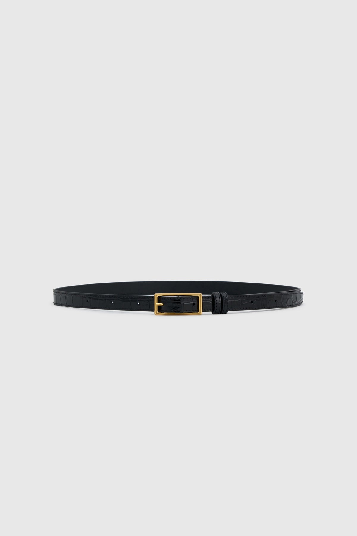 Front view CAMILLA AND MARC Ardent Croc Belt in black leather with textured croc embossing.