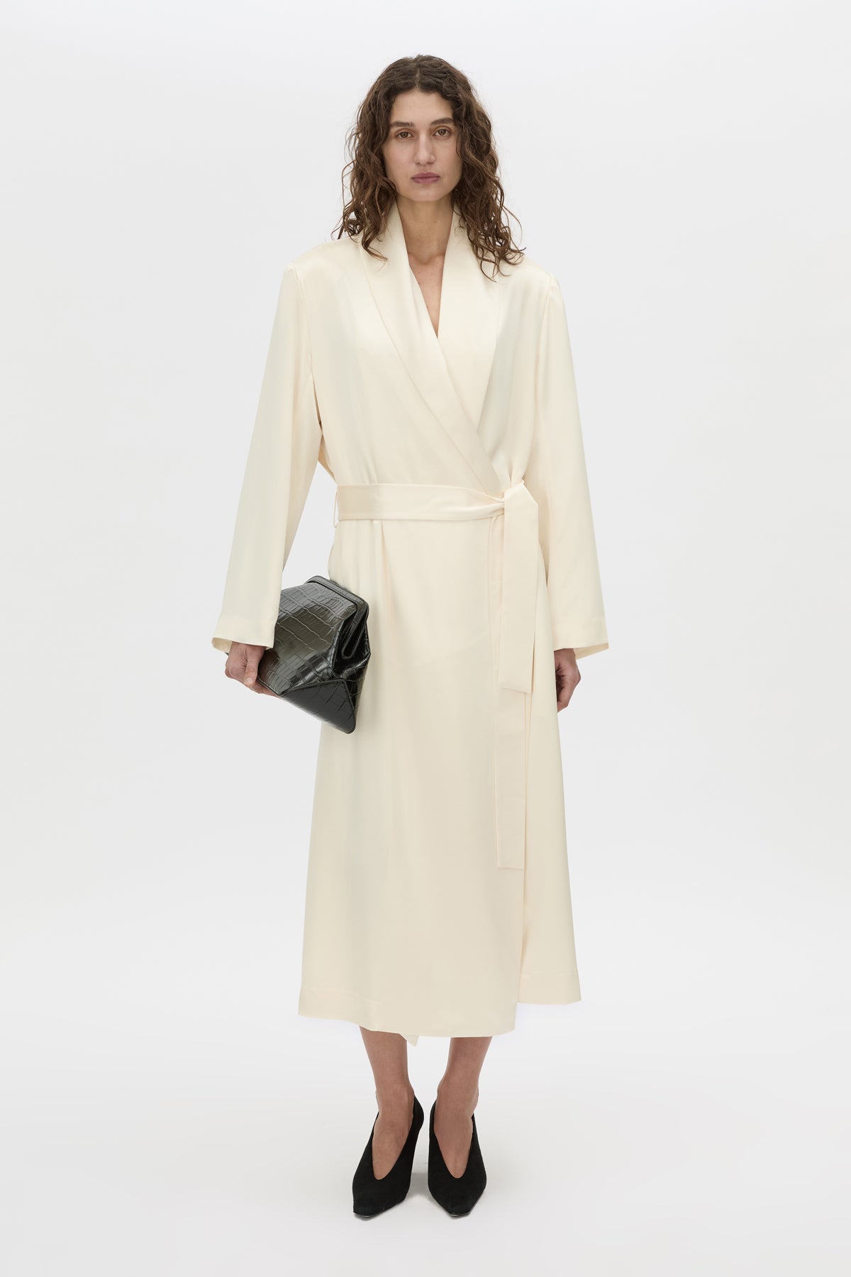 Front view CAMILLA AND MARC Arion Shawl Collar Dress in cream with wrapped robe-style design.