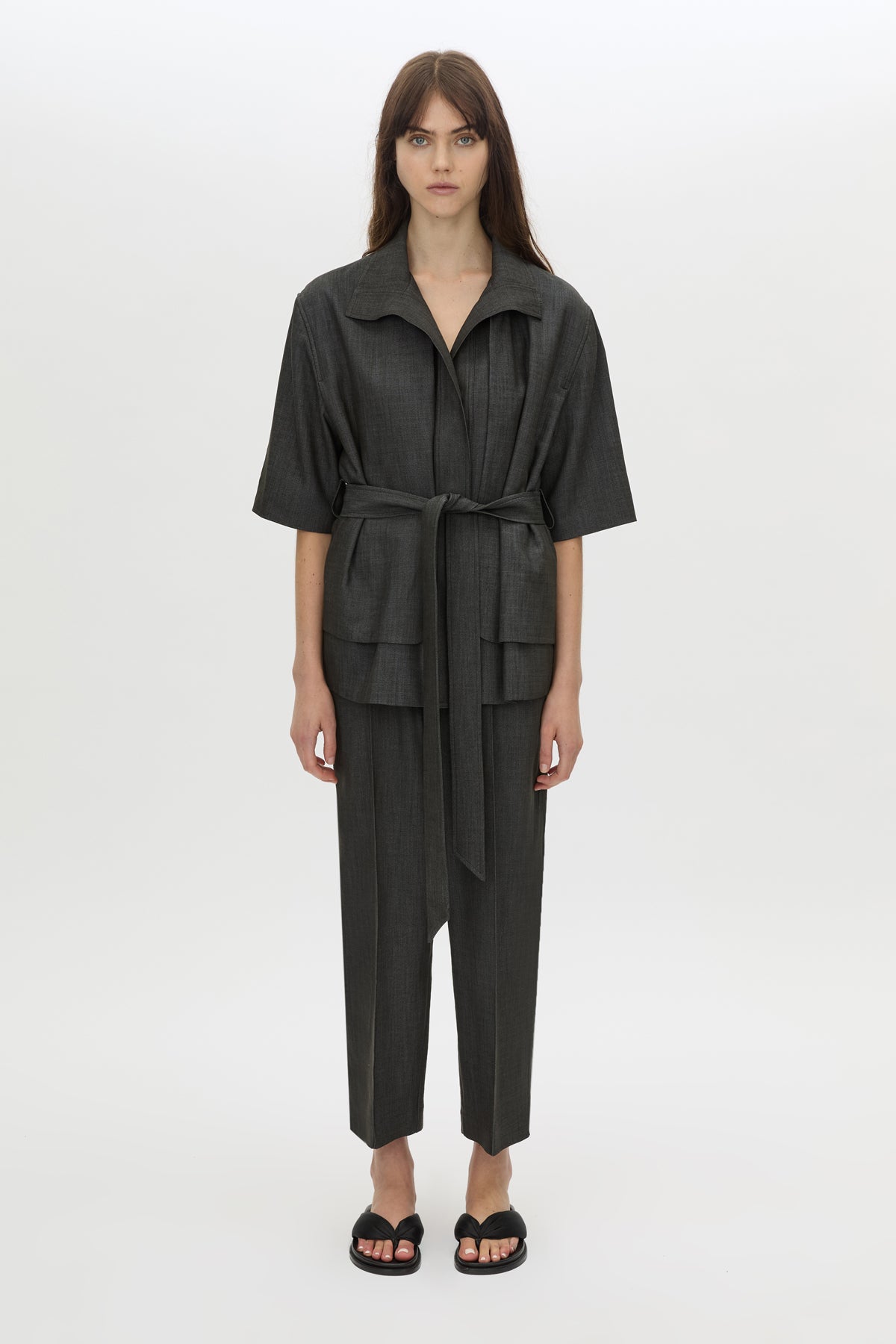 Front-styled view CAMILLA AND MARC straight leg Arlowe Crop Pant in denim navy with elasticated waistband.