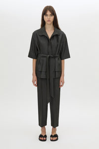 Front-styled view CAMILLA AND MARC straight leg Arlowe Crop Pant in denim navy with elasticated waistband.