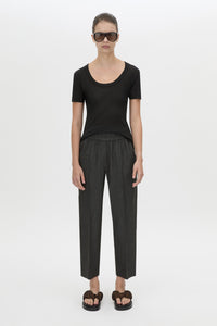 Front view CAMILLA AND MARC straight leg Arlowe Crop Pant in denim navy with elasticated waistband.