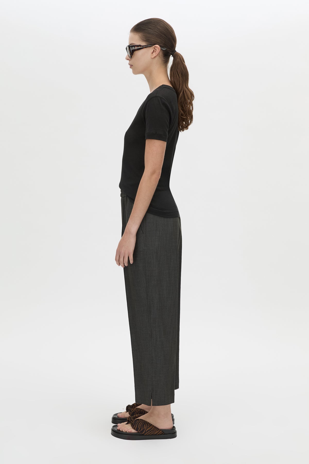 Side view CAMILLA AND MARC straight leg Arlowe Crop Pant in denim navy with elasticated waistband.