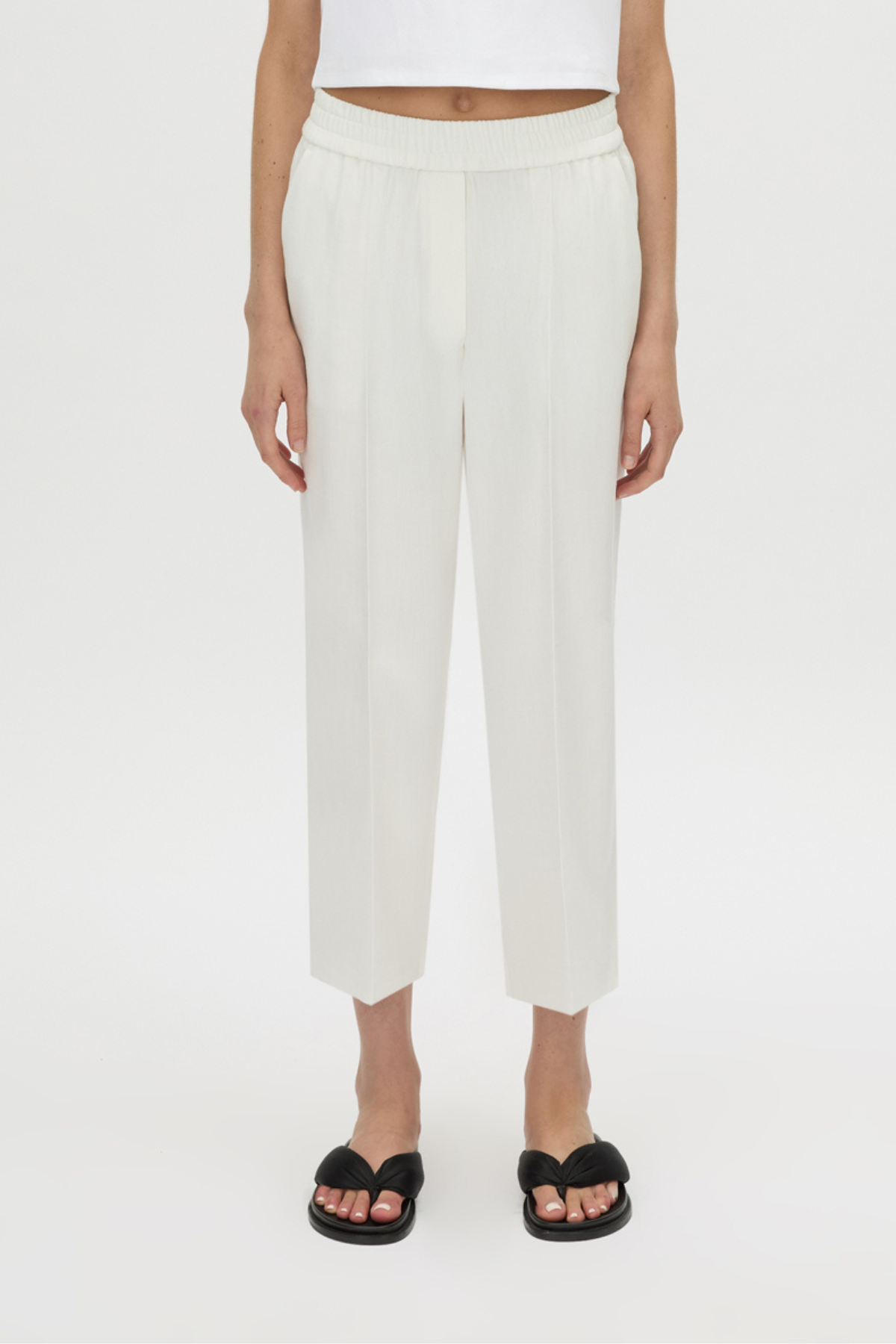 Cropped view CAMILLA AND MARC straight leg Arlowe Crop Pant in soft white with elasticated waistband.