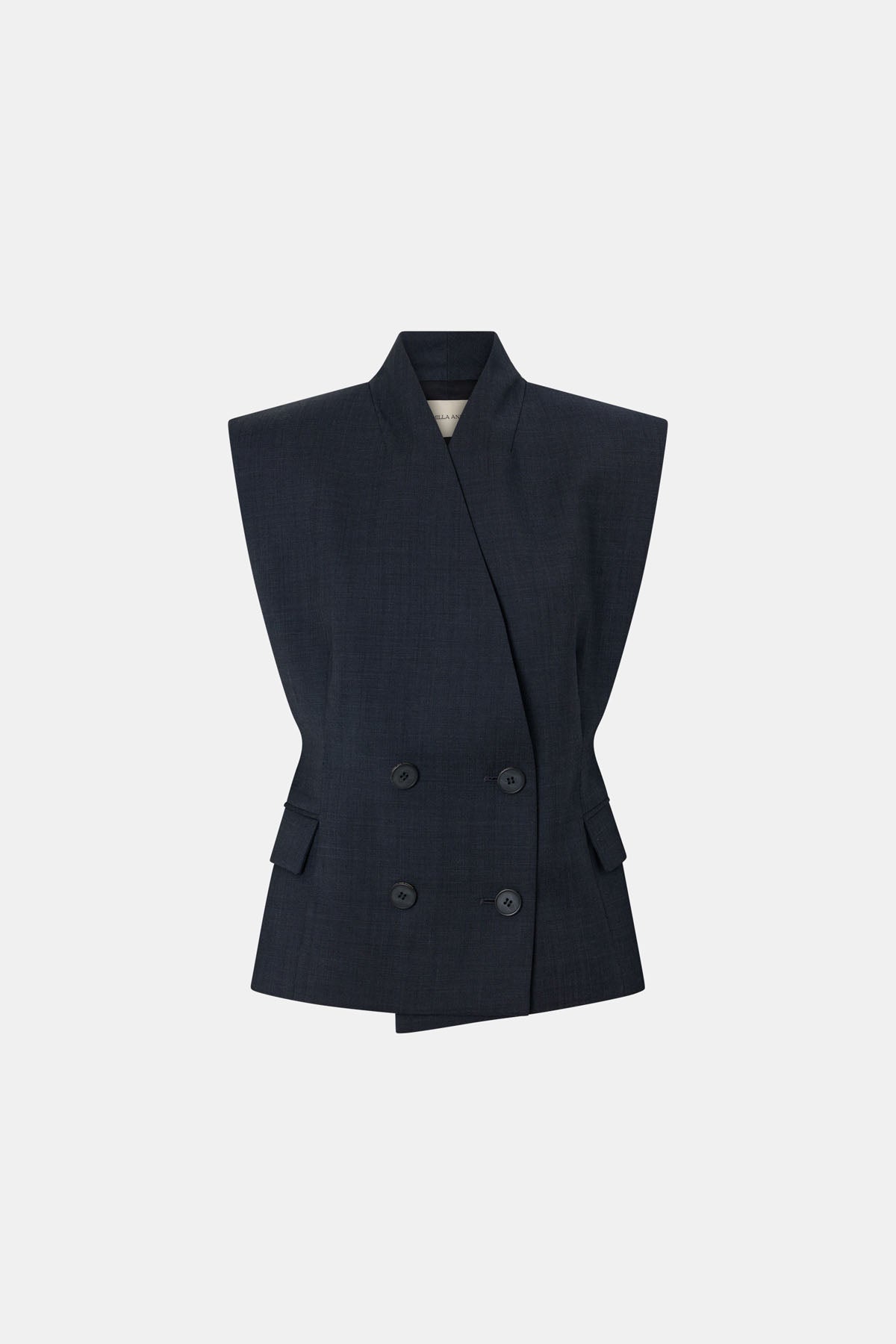 Ghost view CAMILLA AND MARC Ascent Double Breasted Vest in Dark Grey with tailored wool finish.