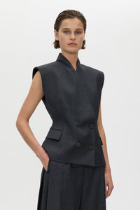 Cropped view CAMILLA AND MARC Ascent Double Breasted Vest in Dark Grey with tailored wool finish.
