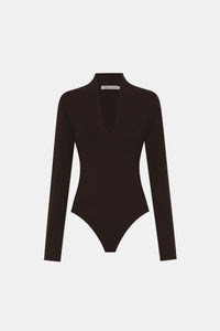 Ghost view CAMILLA AND MARC Ashlar Knit Bodysuit in Espresso Brown with long sleeves and deep V‑neck.