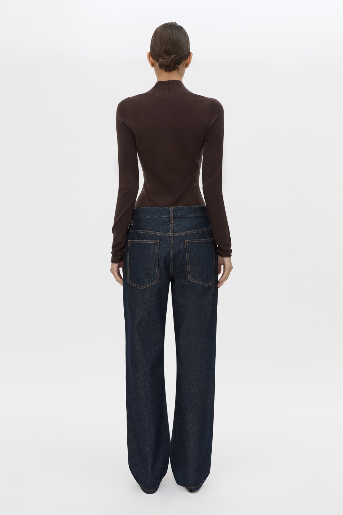Back view CAMILLA AND MARC Ashlar Knit Bodysuit in Espresso Brown with long sleeves and deep V‑neck.