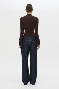 Back view CAMILLA AND MARC Ashlar Knit Bodysuit in Espresso Brown with long sleeves and deep V‑neck.