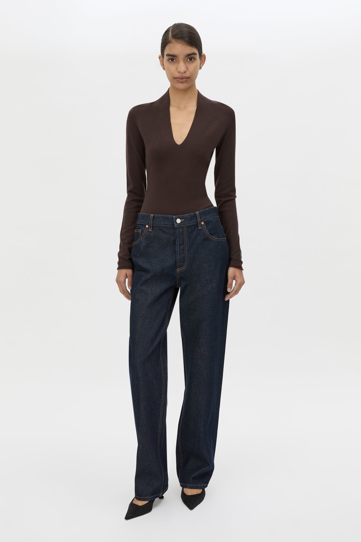 Front view CAMILLA AND MARC Ashlar Knit Bodysuit in Espresso Brown with long sleeves and deep V‑neck.